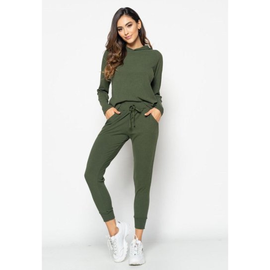Conjunto Salvatore Comfy Casaco e Jogger Canelado Feminino - Verde Menor preço em Conjunto Salvatore Comfy Casaco e Jogger Canelado Feminino - Verde