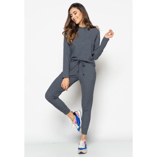 Conjunto Salvatore Comfy Casaco e Jogger Canelado Feminino - Grafite Menor preço em Conjunto Salvatore Comfy Casaco e Jogger Canelado Feminino - Grafite