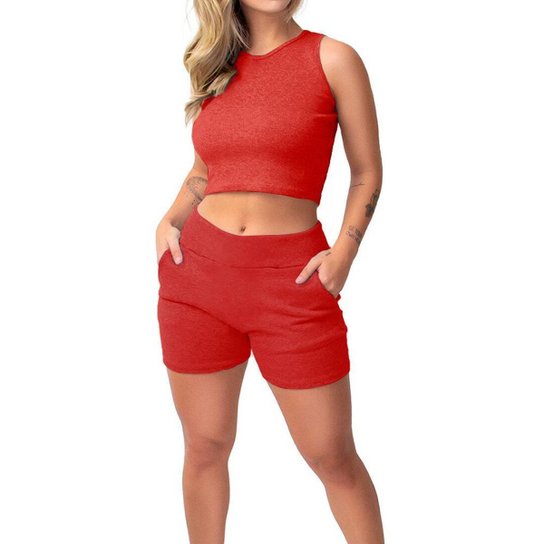 Conjunto Shorts Feminino Moletom Cropped Moletom Tendência