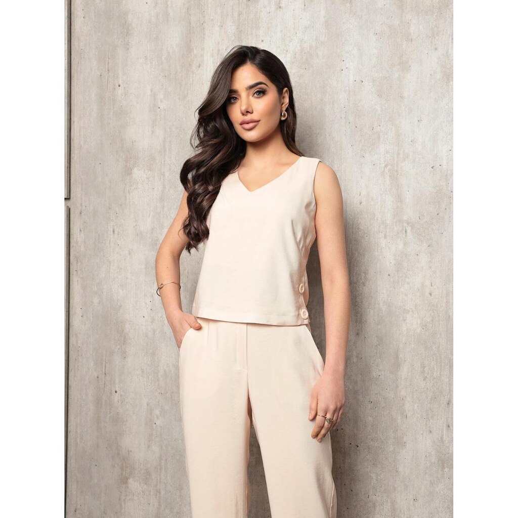 Conjunto Sophia Calça Pantalona e Blusa Cropped Decote V Bege
