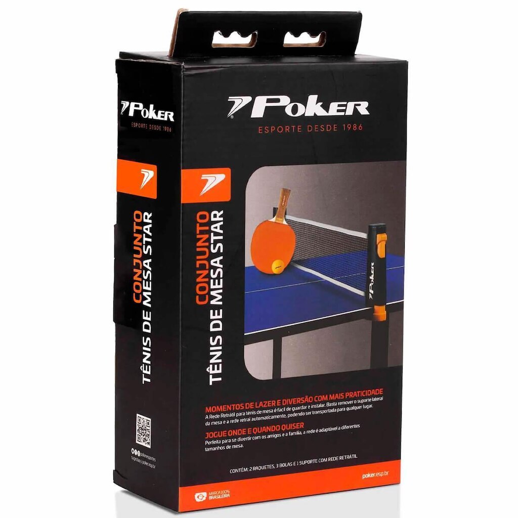 Conjunto Tênis de Mesa Star 2 Raquetes 3 Bolas Rede Retratil - Poker