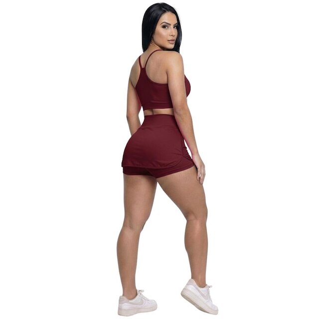Conjunto Top Alça Fina E Short Saia Vekyo Roupa Para Academia Treino Moda Fitness Musculação