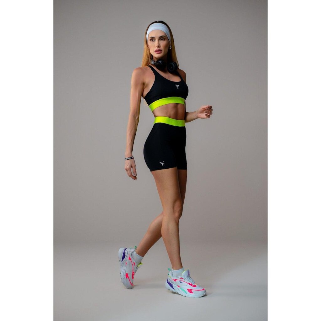 CONJUNTO TOP E BERMUDA - BE AUTH - FIT001 - PRETO/ AMARELO NEON