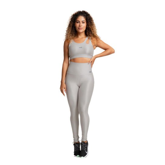 Conjunto Top e Legging Canelado Poliamida Prata Massam Fitness
