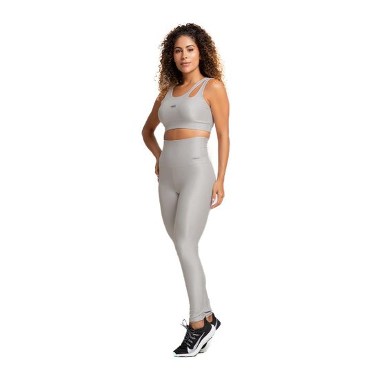 Conjunto Top e Legging Canelado Poliamida Prata Massam Fitness