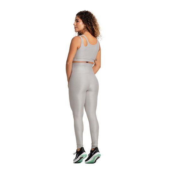 Conjunto Top e Legging Canelado Poliamida Prata Massam Fitness
