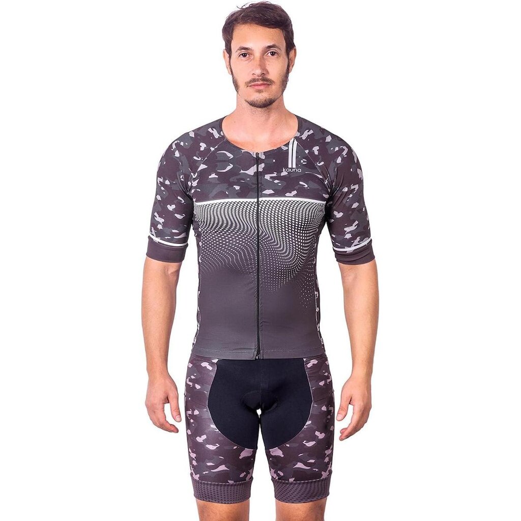 CONJUNTO TRIATHLON TOP COM MANGAS E BERMUDA ELITE CAMUFLADO UV 50+ KAUNA