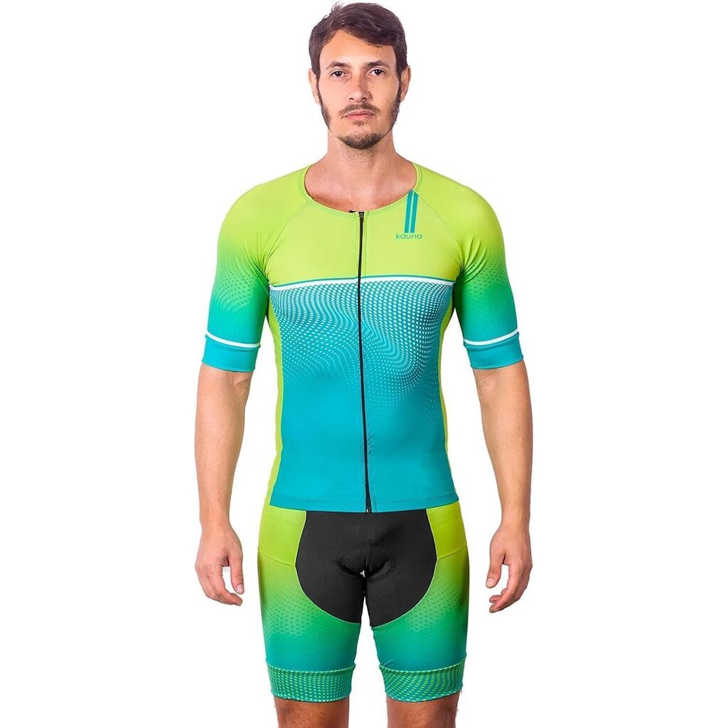 CONJUNTO TRIATHLON TOP COM MANGAS E BERMUDA ELITE NEON UV 50+ KAUNA