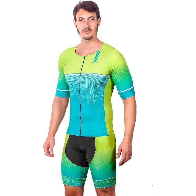 CONJUNTO TRIATHLON TOP COM MANGAS E BERMUDA ELITE NEON UV 50+ KAUNA