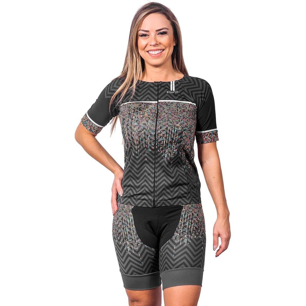 CONJUNTO TRIATHLON TOP COM MANGAS E BERMUDA ELITE PIXEL PROTEÇÃO UV 50+ KAUNA