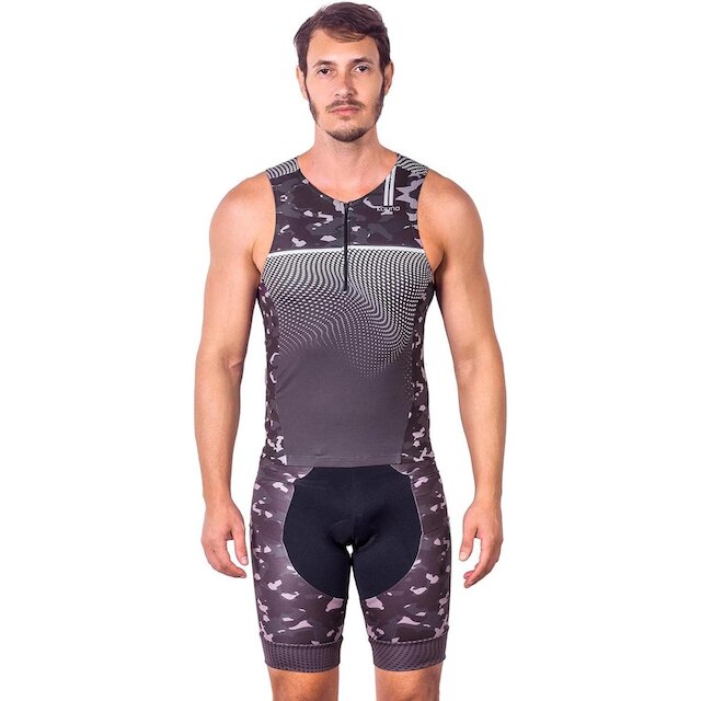 CONJUNTO TRIATHLON TOP SEM MANGAS E BERMUDA ELITE CAMUFLADO UV 50+ KAUNA