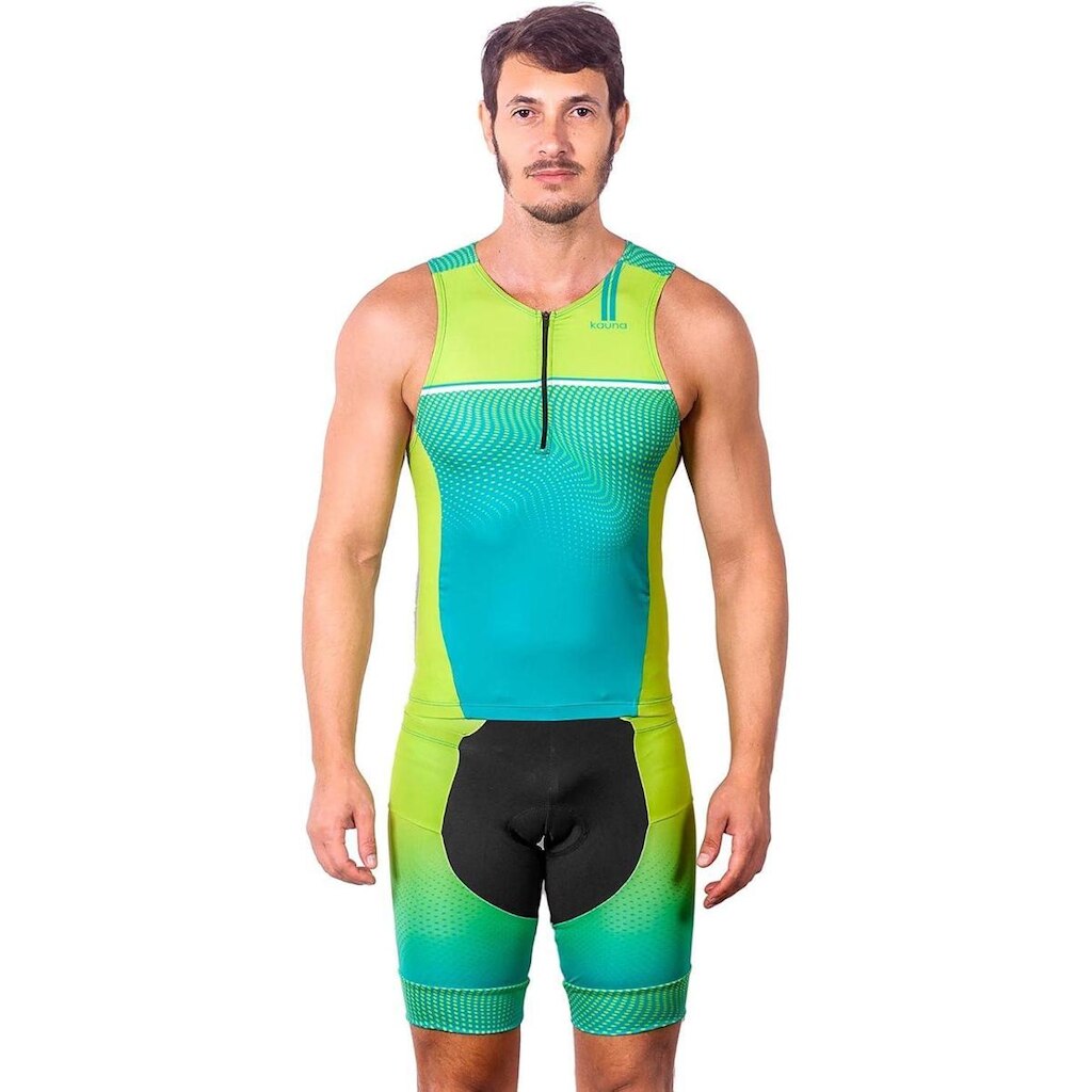CONJUNTO TRIATHLON TOP SEM MANGAS E BERMUDA ELITE NEON UV 50+ KAUNA