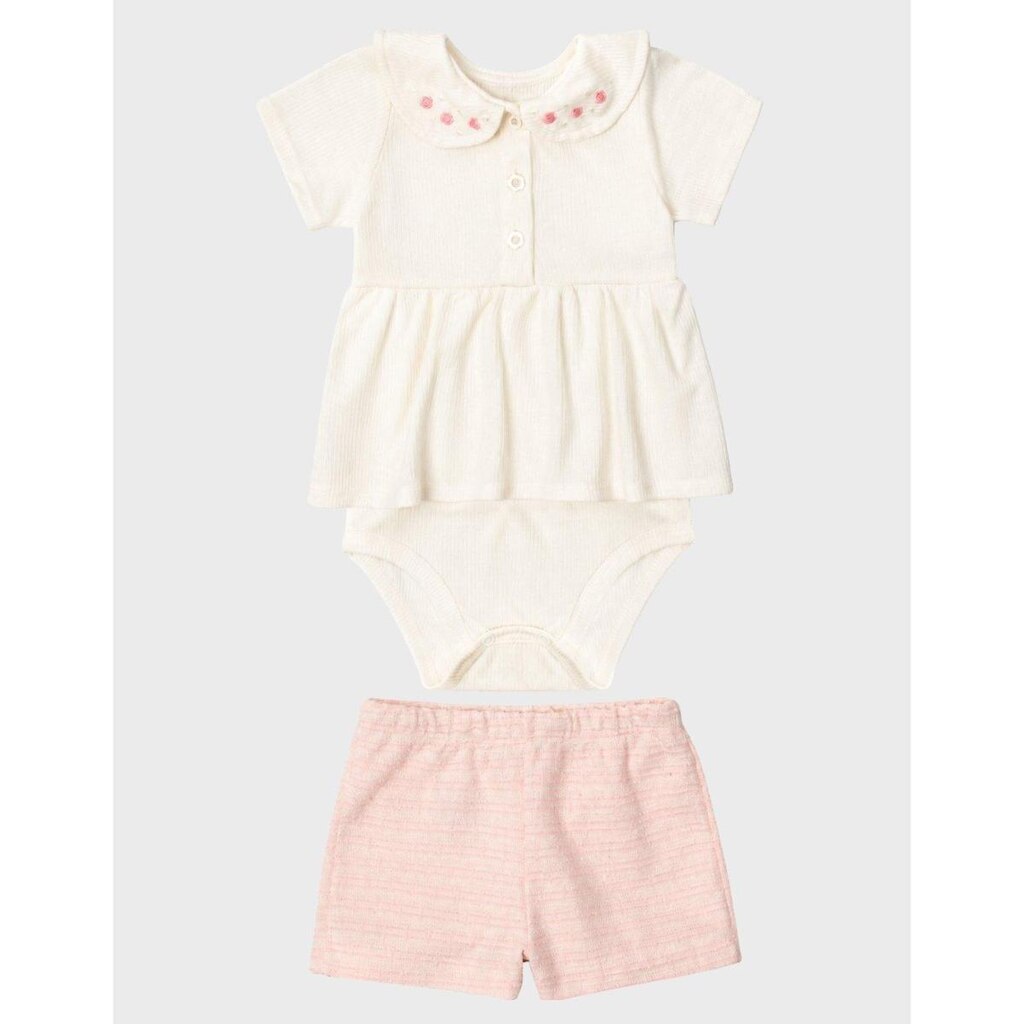 Conjunto Verão Body Com Fecho Detalhado Gola Trabalahada Bermuda Estilosa Bebê Menina P a GG