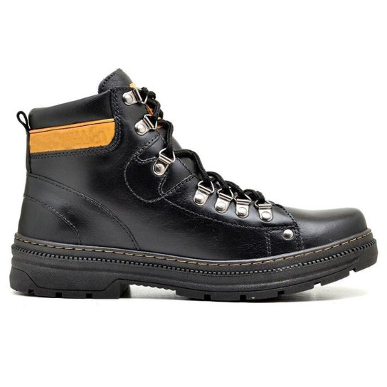 Coturno Casual Bota Adventure Couro Masculina Cano Médio Solado Borracha Antiderrapante Resistente - Preto Menor preço em Coturno Casual Bota Adventure Couro Masculina Cano Médio Solado Borracha Antiderrapante Resistente - Preto