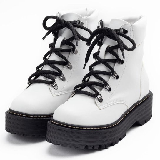 Coturno Feminino Tratorado Cadarço Confortável Casual - Branco