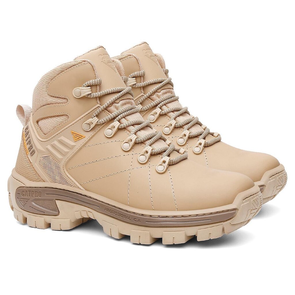 Coturno Masculino Bege CATPRO Couro Legitimo Cano Médio Resistente EPI Profissional Bota Masculina