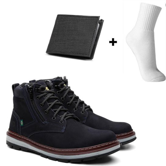 Coturno Masculino Bota Masculina Casual Couro Legítimo Com 1 Par de Meia e carteira - Azul Menor preço em Coturno Masculino Bota Masculina Casual Couro Legítimo Com 1 Par de Meia e carteira - Azul