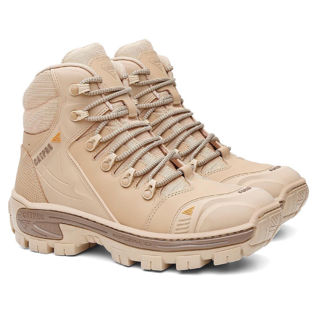 Coturno Masculino de Couro Bege Verdadeiro Resistente Reforçado Solado Tratorado Bota Adventure