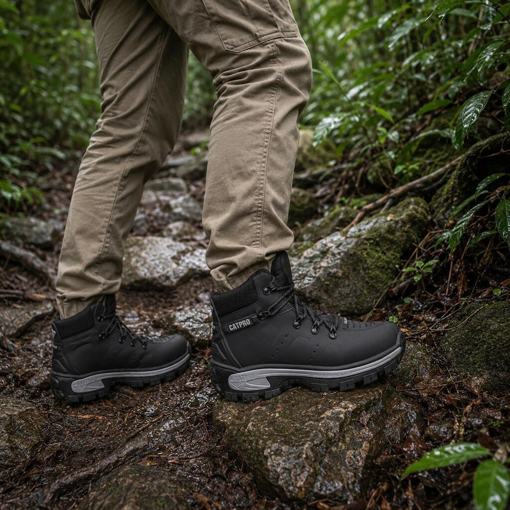 Coturno Masculino Preta Couro Nobre Legitimo Solado Tratorado Antiderrapante Trilhas Caminhada Top