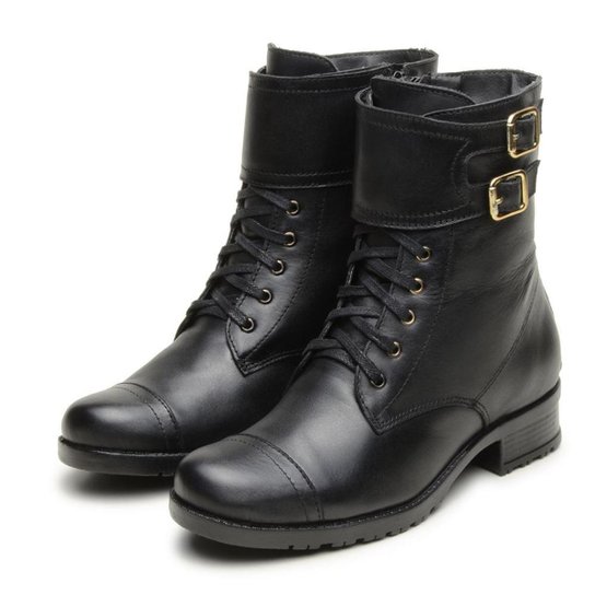 Coturno motociclista feminino em couro legítimo de amarrar com