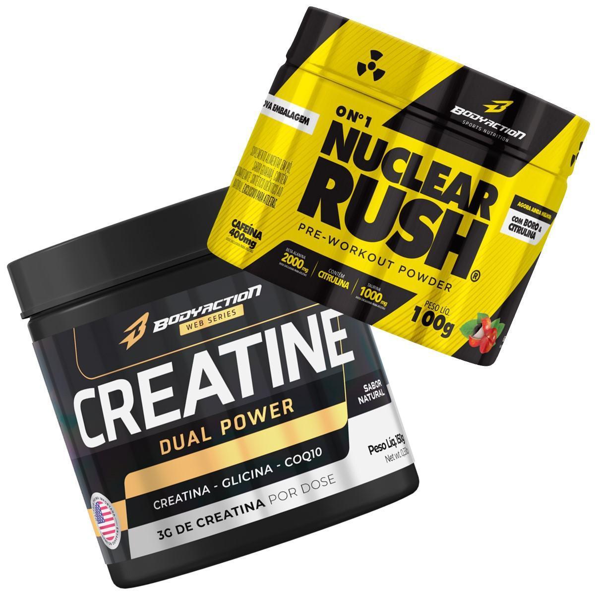 Menor preço em Creatina Dual Power 150g + Pré Treino Nuclear Rush Bodyaction