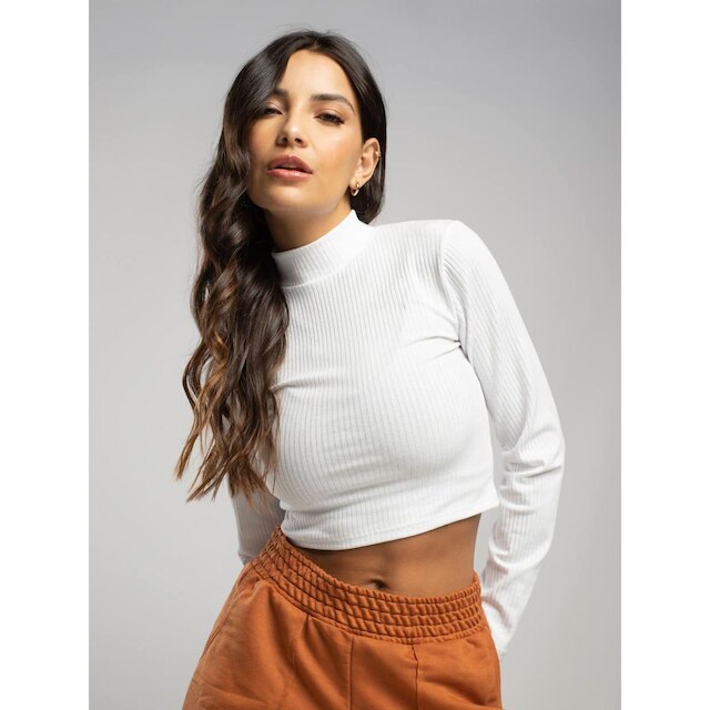 Cropped Canelado Manga Longa Gola Alta Blusa Feminina