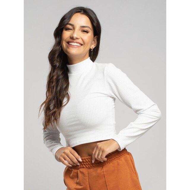 Cropped Canelado Manga Longa Gola Alta Blusa Feminina
