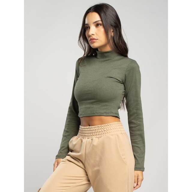 Cropped Canelado Manga Longa Gola Alta Blusa Feminina