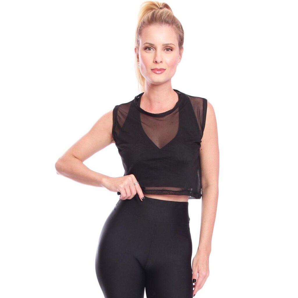 Cropped De Tule Transparente Sem Manga Regata Feminina