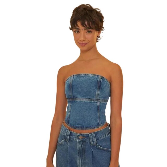 Cropped Farm Sem Alça Jeans