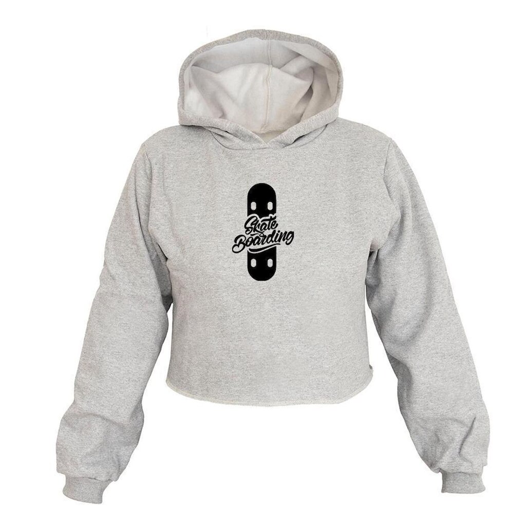 Cropped Feminino Moletom Estampa Skate Boarding Capuz Estilo