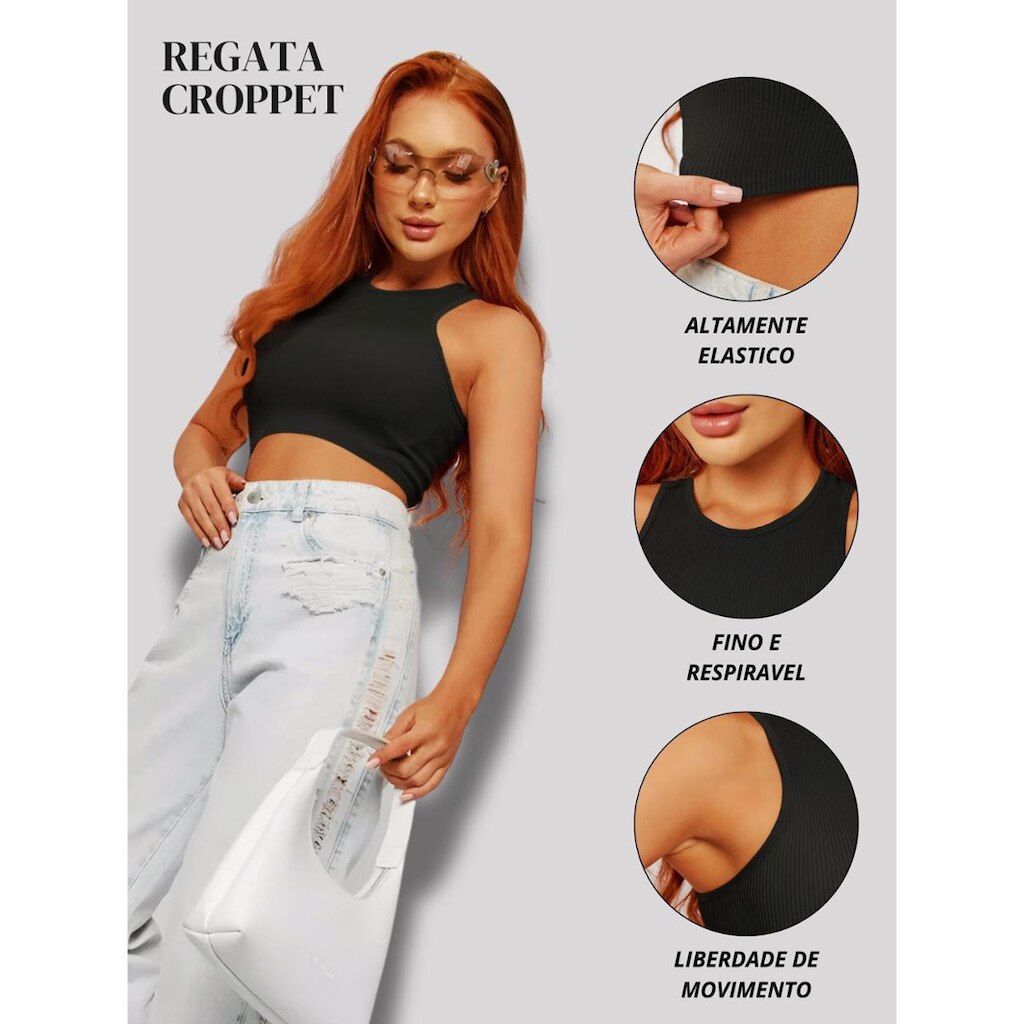 Cropped Feminino Regata Em Poliamida Canelada Macia Design Elegante Pra Seu Dia