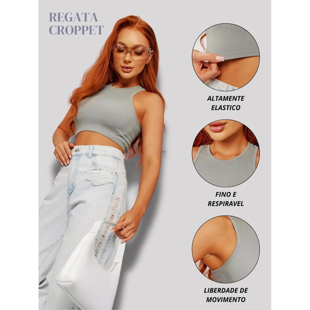 Cropped Feminino Regata Em Poliamida Canelada Macia Design Elegante Pra Seu Dia