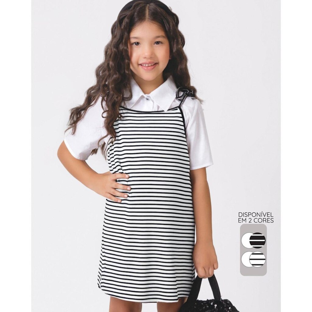 Cropped polo vestido menina fresco verão estiloso leve - Preto e Branco - Menina 4 a 14 anos