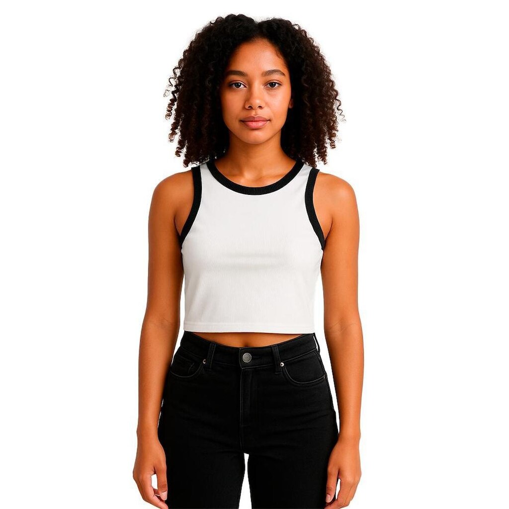 Cropped Regata Canelado Básico Bicolor Feminino