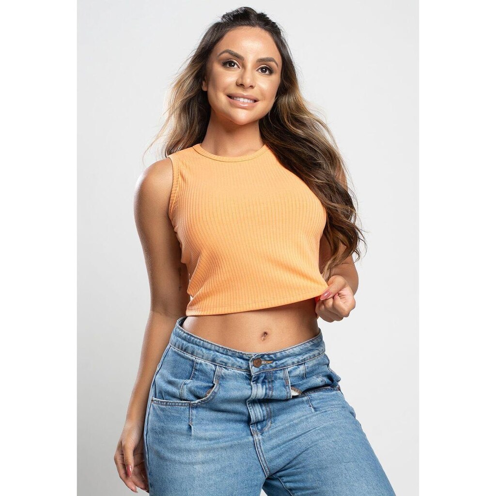 Cropped Regata Canelado Moda Casual Feminina