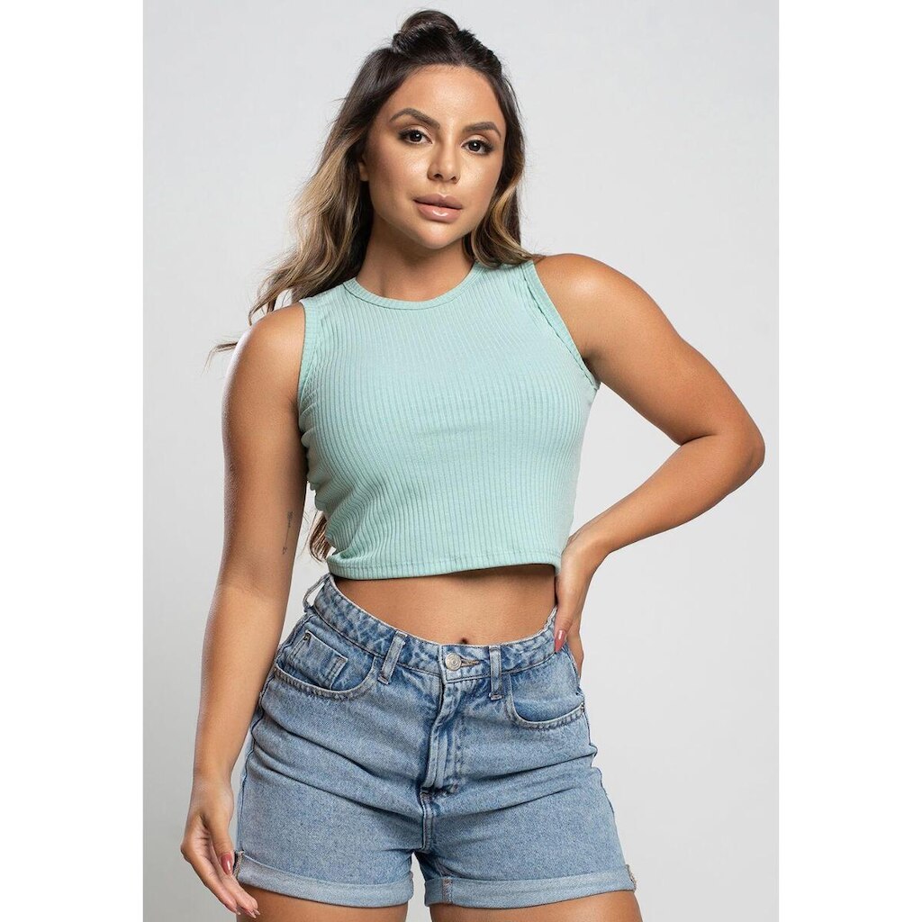 Cropped Regata Canelado Moda Casual Feminina