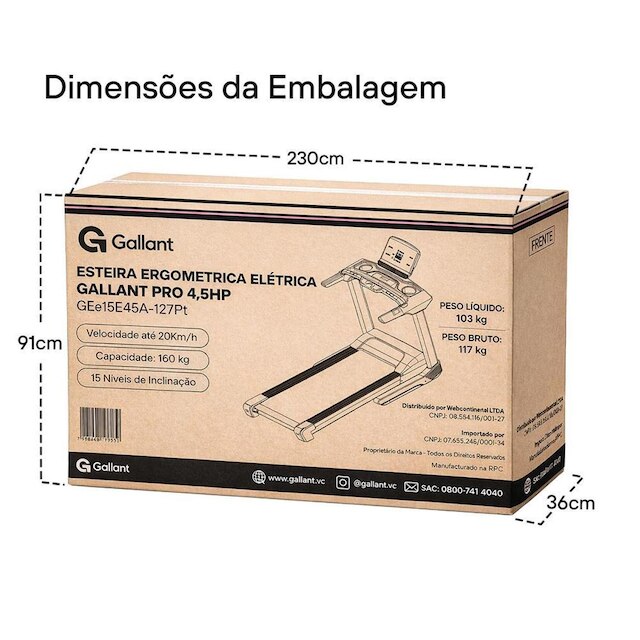 Esteira Ergométrica Gallant Elite Pro 4.5hp 20km/h 15 Níveis de Inclinação 220v (GEE15E45A-220PT)
