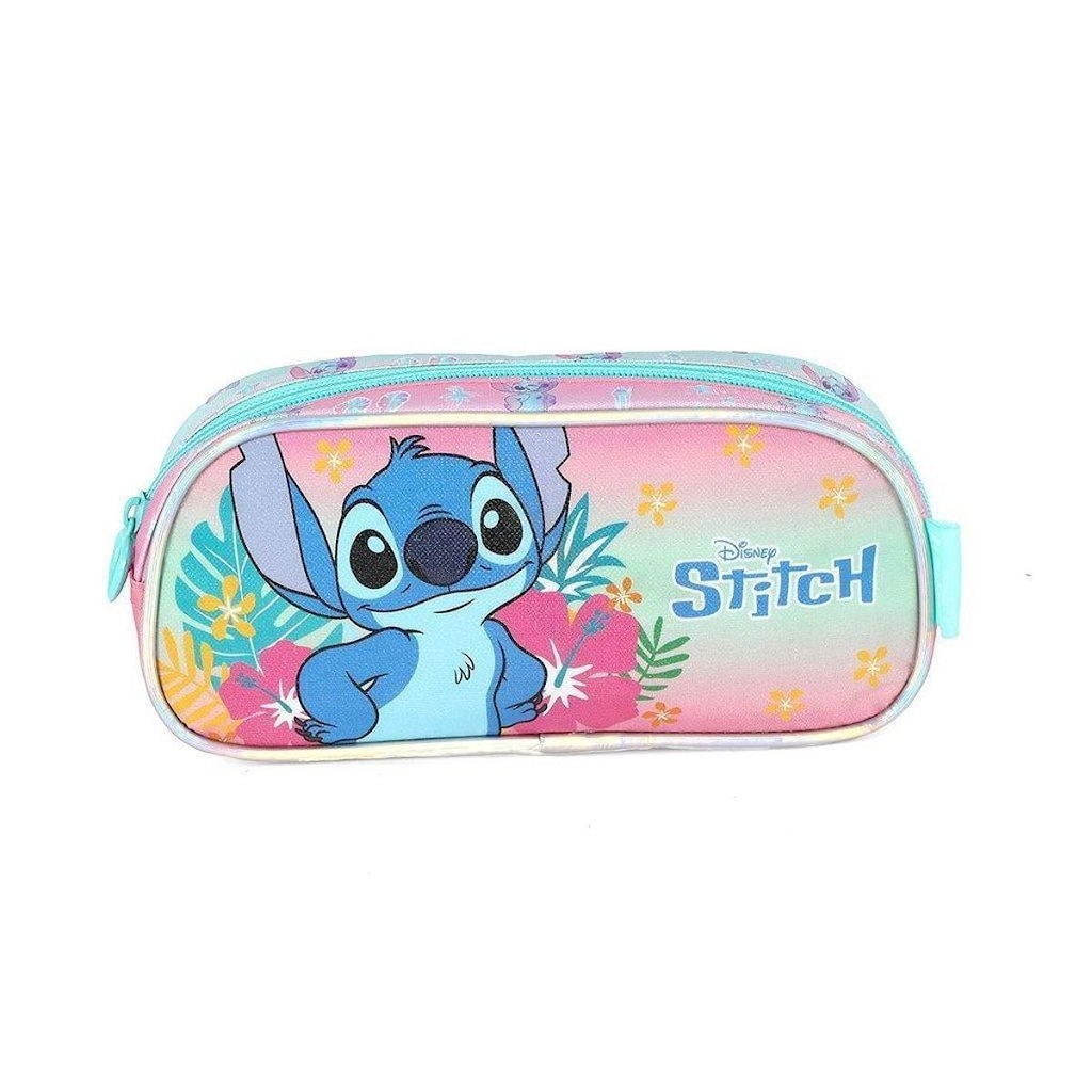 Estojo Escolar Luxcel Stitch Floral Aloha Rosa