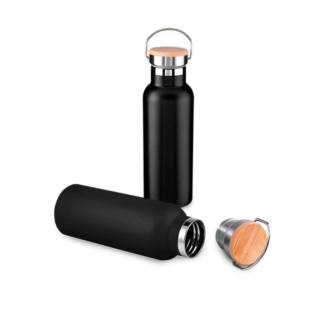Garrafa Térmica Squeeze 500ml De Aço Inox C/ Tampa De Bambu e Alça
