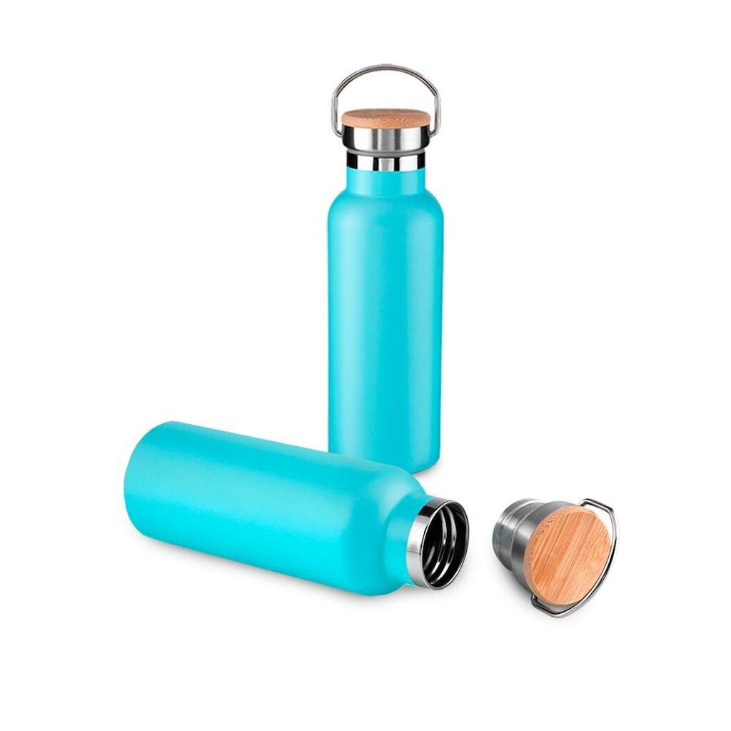 Garrafa Térmica Squeeze 500ml De Aço Inox C/ Tampa De Bambu e Alça