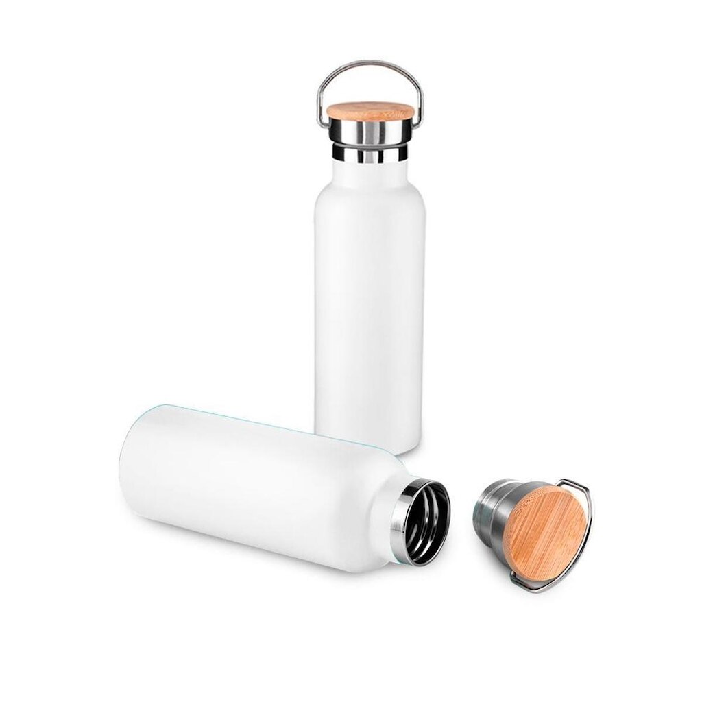 Garrafa Térmica Squeeze 500ml De Aço Inox C/ Tampa De Bambu e Alça