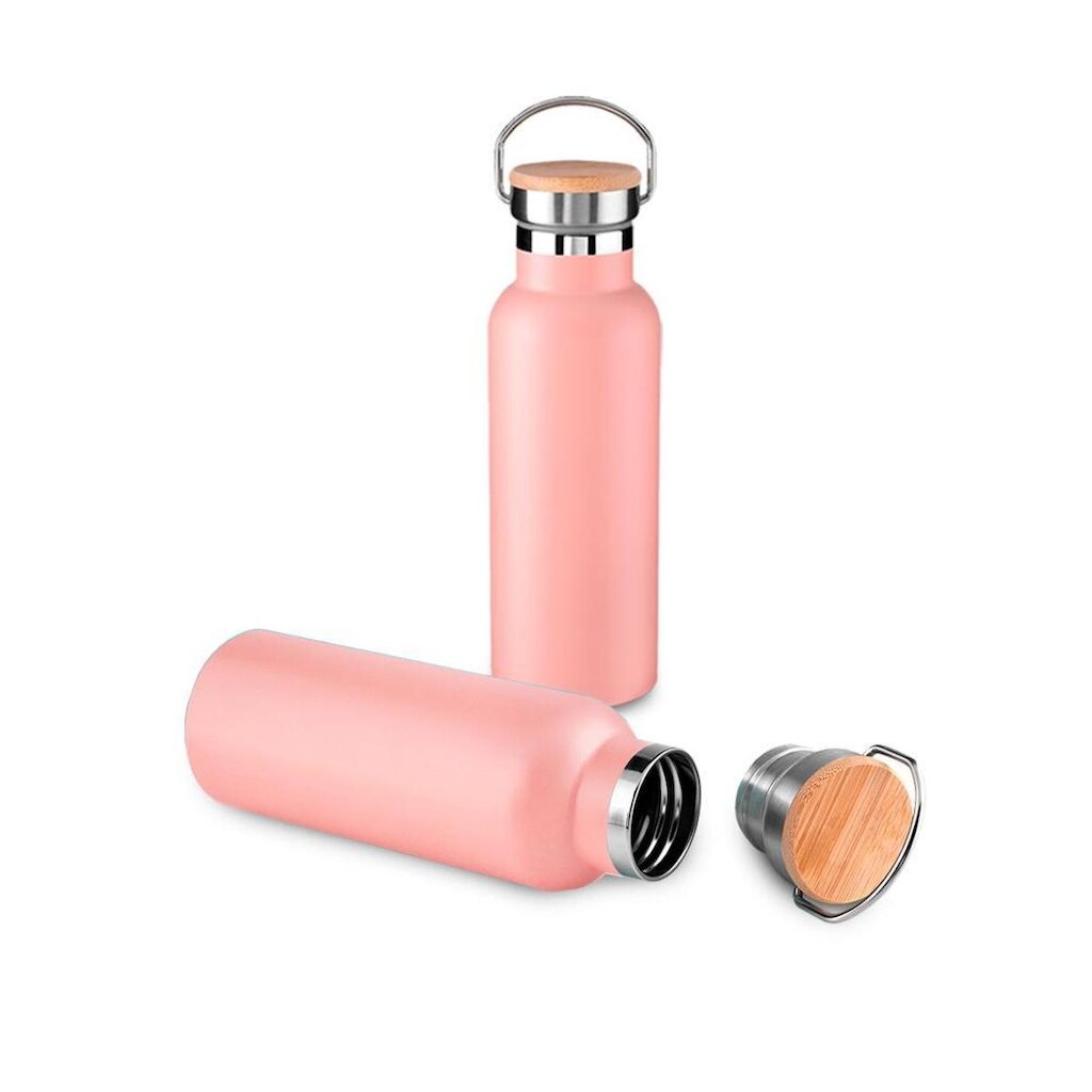 Garrafa Térmica Squeeze 500ml De Aço Inox C/ Tampa De Bambu e Alça