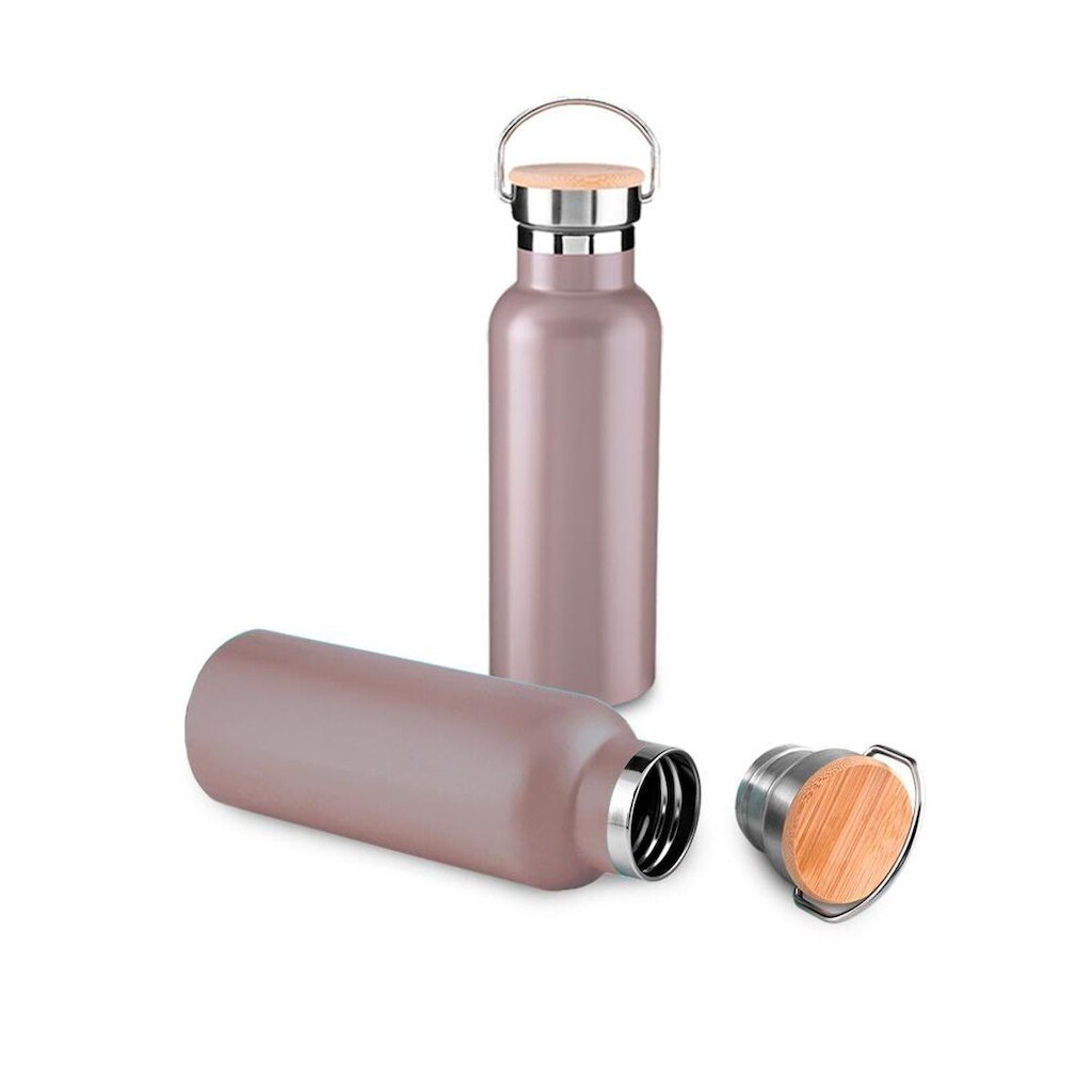 Garrafa Térmica Squeeze 500ml De Aço Inox C/ Tampa De Bambu e Alça