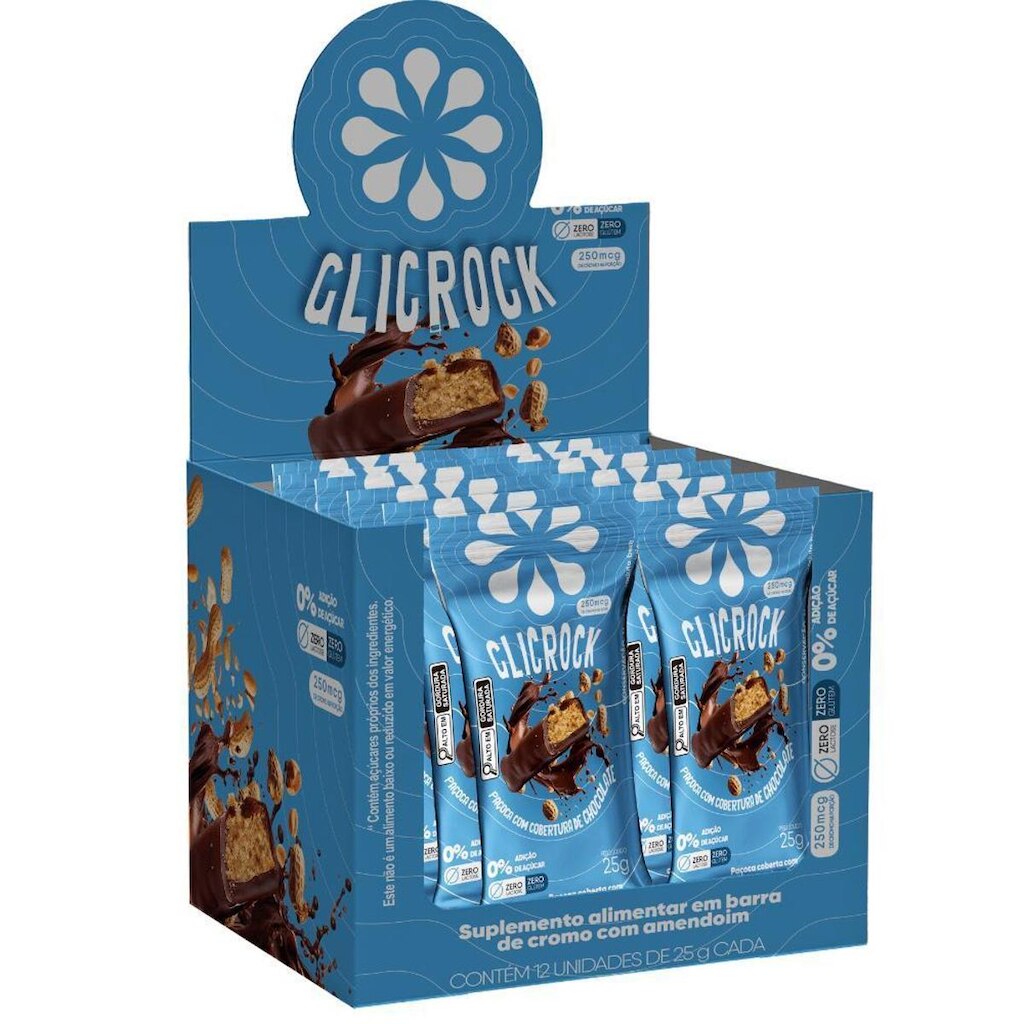 Glicnutri Glicrock Caixa 12 Barras 25g Zero Açúcar Com Cromo Snack Proteico Amendoim