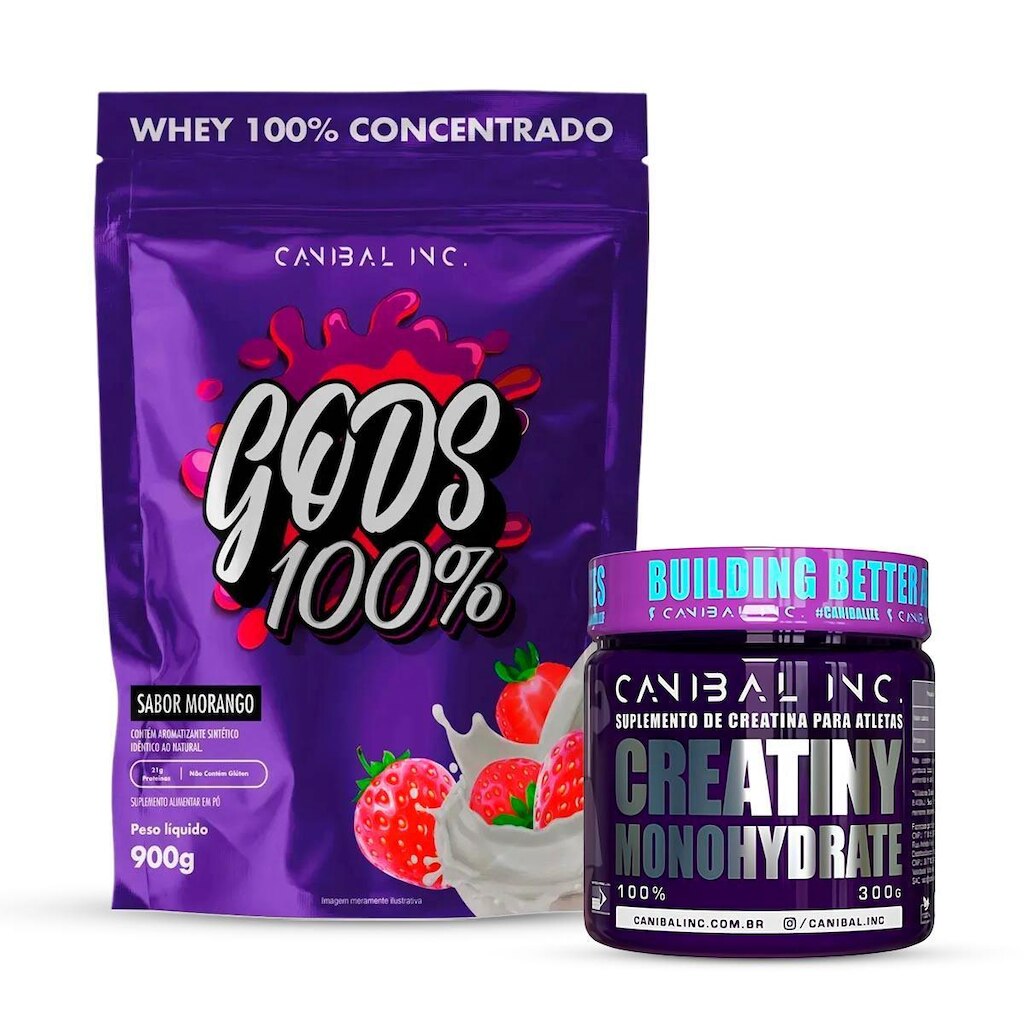 Gods Whey 100% 900g Refil e Creatina 300g pura Canibal Inc
