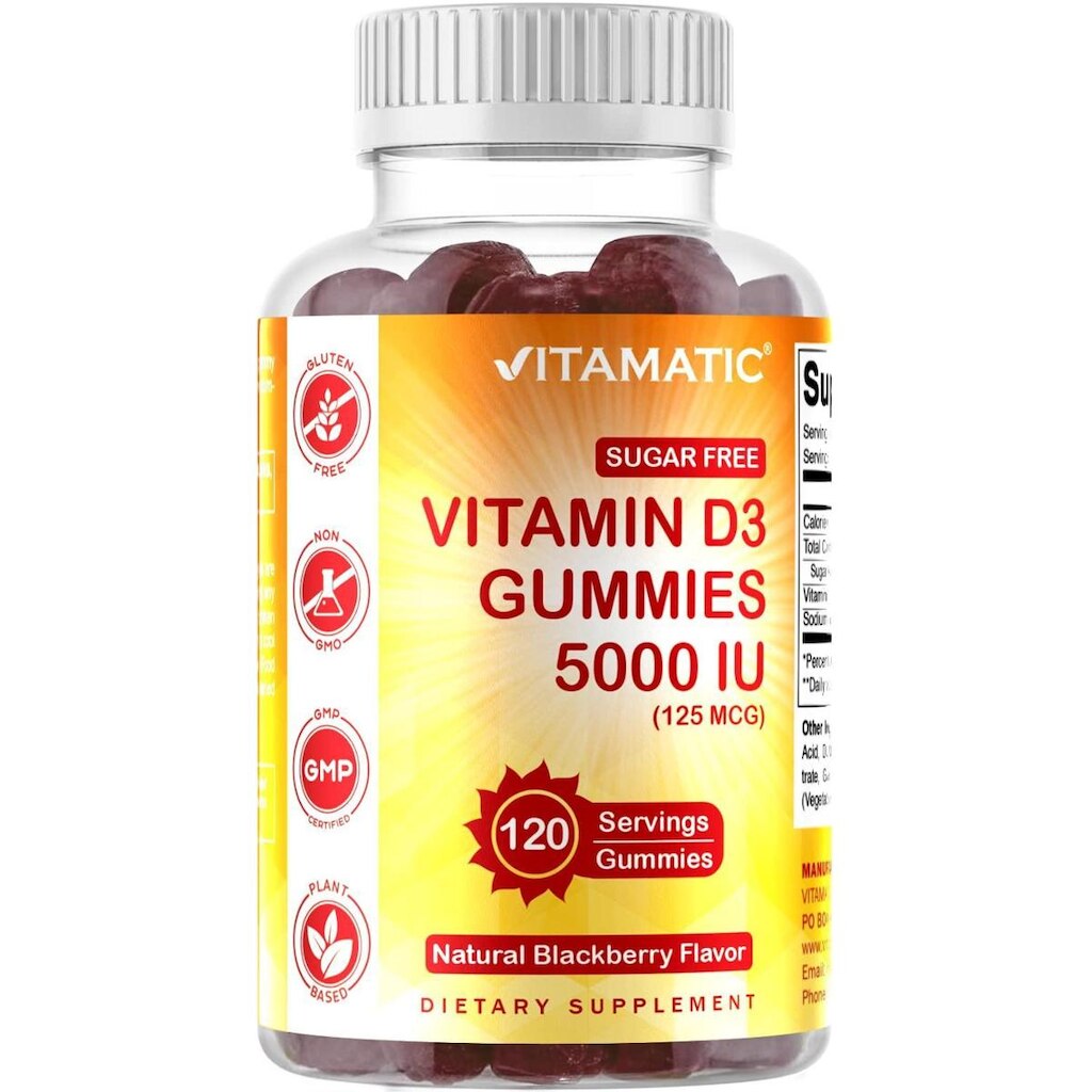 Gomas de vitamina D3 Vitamatic 5000 UI sem açúcar 120 porções