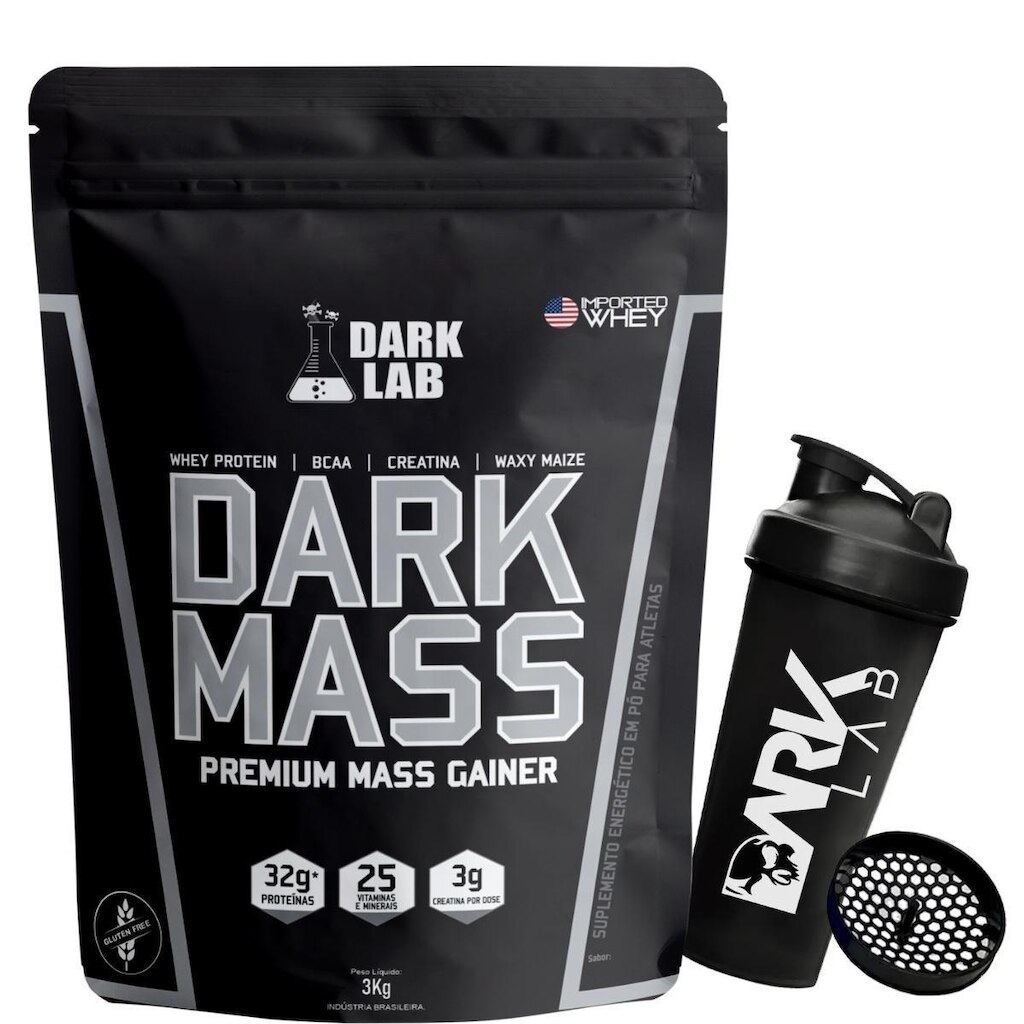 Hipercalórico Dark Mass Baunilha 3kg + Coqueteleira com Rede 700ml Dark Lab