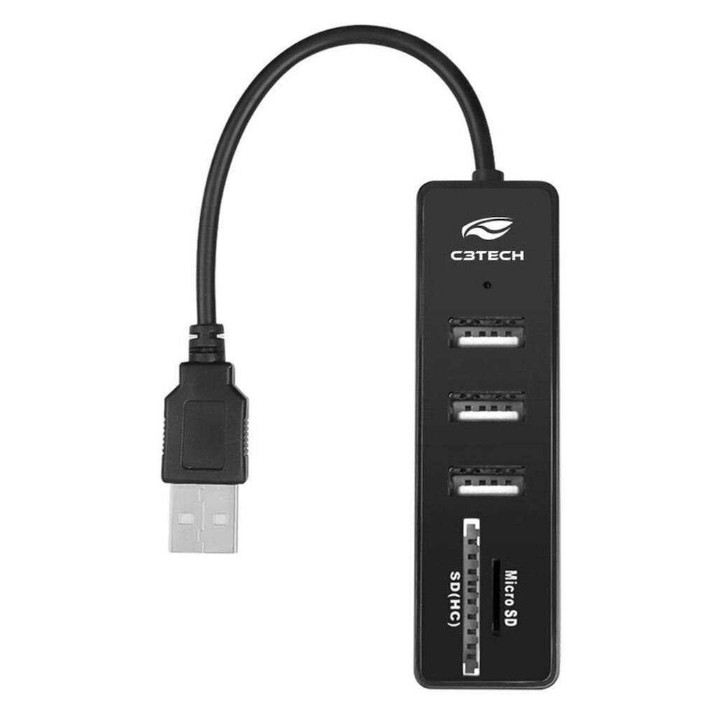 HUB C3Tech USB 2.0, para 3x USB 2.0, Cartão de Memória SD/MicroSD - HU-L200BK