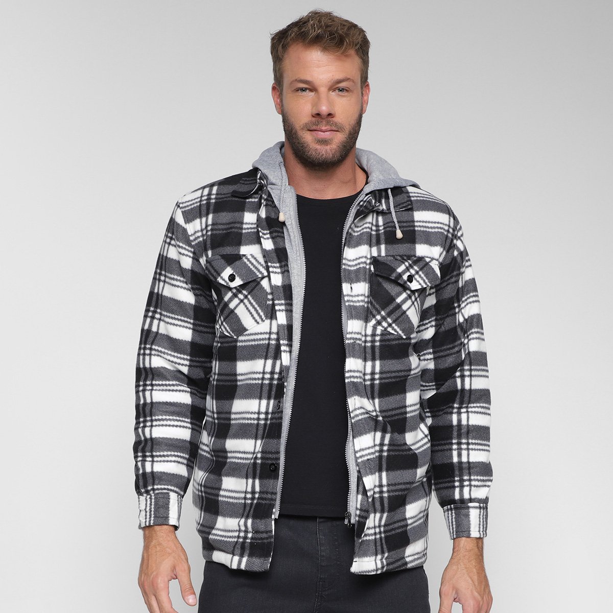 Jaqueta Black River Xadrez Capuz Moletom Masculina Preto Netshoes